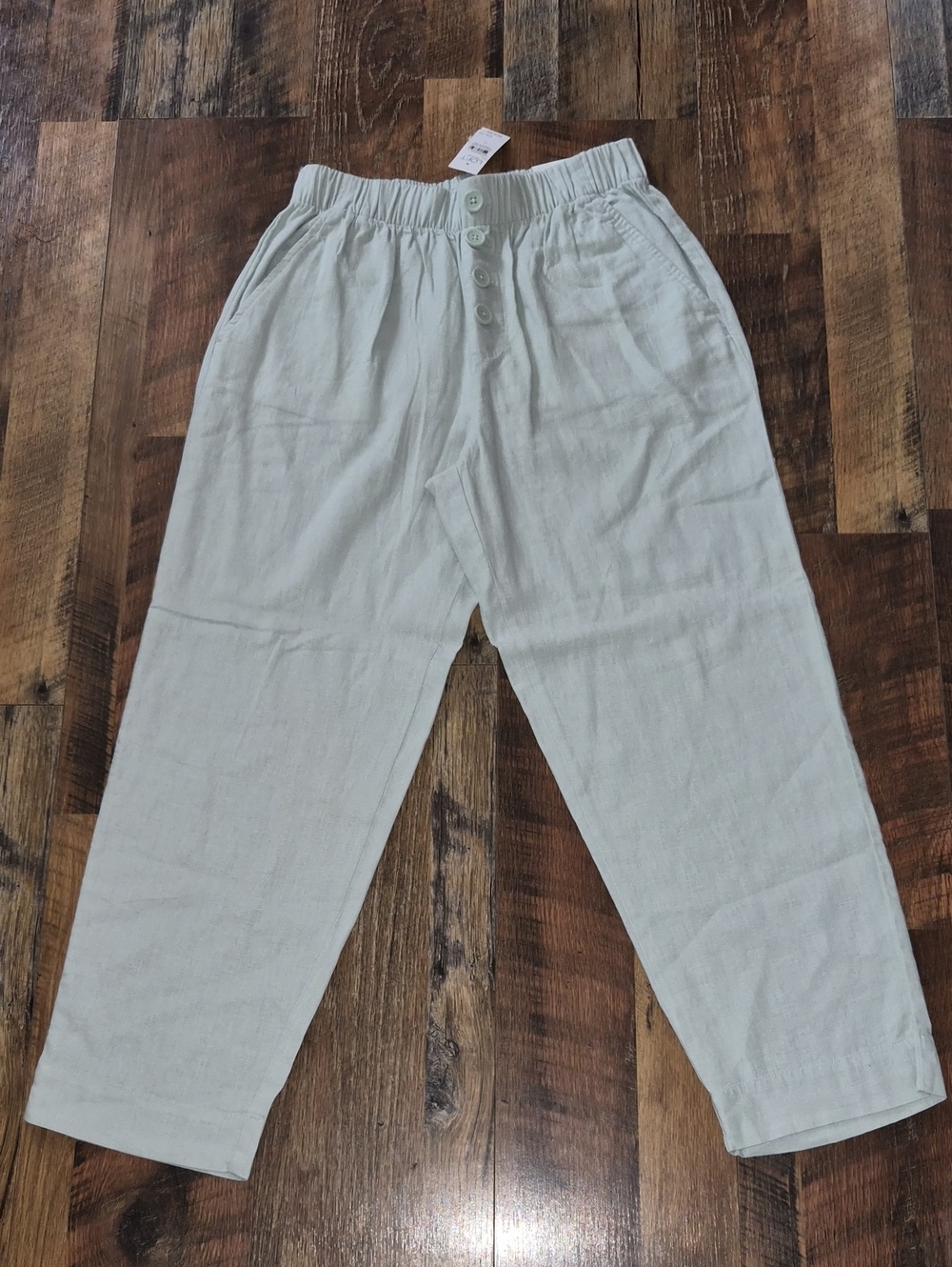 LOFT Blue/Green Elastic-Waist Linen-Blend Chinos Small